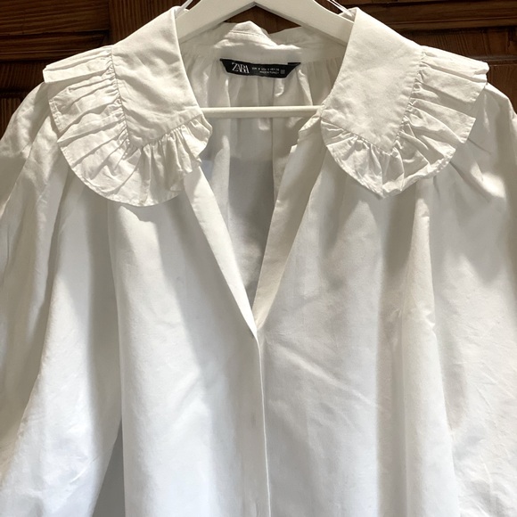 Zara White Poplin Ruffled Collar Blouse/Top. Size S - Picture 7 of 11